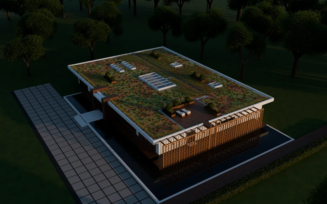 The house from above in the last light: the whole roof is a meadow with skylights and a small wooden terrace, the lattice climbs its side, and long paths and pools run beside it among trees